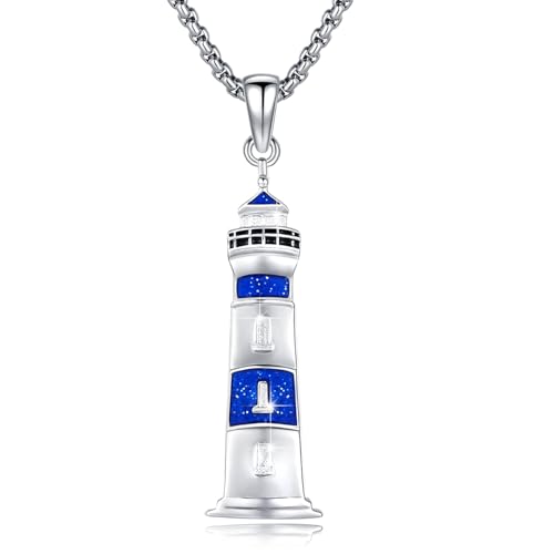 YueYuan Leuchtturm Kette 925 Sterling Silber Leuchtturm Anhänger Halskette Leuchtturm Ozean Schmuck Geschenk für Herren Damen von YueYuan