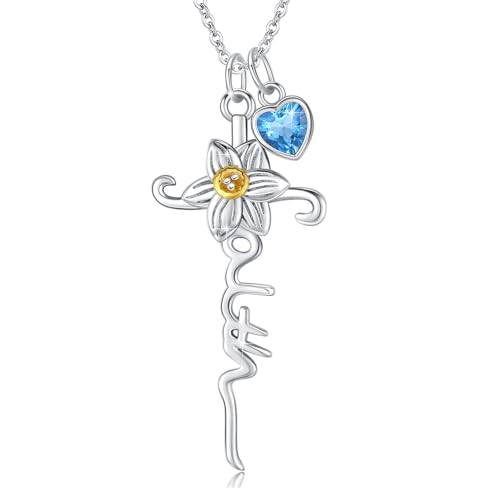 YueYuan Marsch Geburt Blume Halskette 925 Sterling Silber Narzissen Kreuz Anhänger Glaube Kreuz Halskette mit Geburtsstein Christlicher Glaube Schmuck Geschenke für Frauen Geburtstag Muttertag von YueYuan