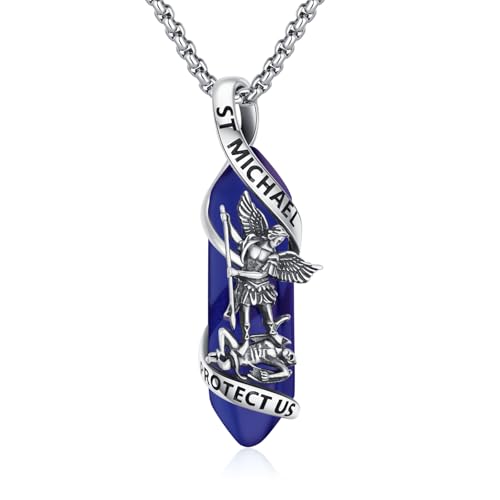 YueYuan Religiöse St Michael Halskette 925 Sterling Silber Heiliger Schutzpatron Anhänger Amulett Schmuck Geschenk für Herren Damen Schatz Blauer Kristall von YueYuan