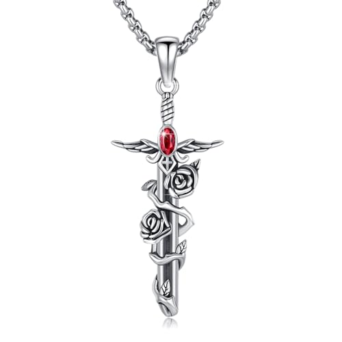YueYuan Rose Schwert Halskette 925 Sterling Silber Gothic Rose Anhänger mit Roten Cubic Zirkonia Goth Schmuck Geschenke für Frauen Männer Valentinstag Geburtstag von YueYuan
