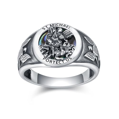 YueYuan St. Michael Ring für Herren 925 Sterling Silber St. Michael Religiöse Ringe Verstellbarer Medaillenring Schmuckgeschenk Geschenk zum Geburtstag Jahrestag Weihnachten Vatertag von YueYuan