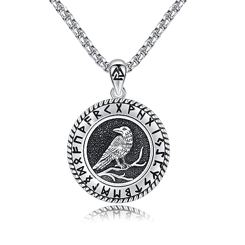 YueYuan Wikinger Halskette Herren Damen 925 Sterling Silber Wikinger Rabe Krähen Rune Odin's Gungnir-Anhänger Wikinger kette für Männer Frauen Schutzamulett Schmuckgeschenke von YueYuan