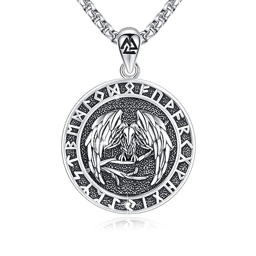 YueYuan Wikinger Halskette Herren Damen 925 Sterling Silber Wikinger Rabe Krähen Rune Odin's Gungnir-Anhänger Wikinger kette für Männer Frauen Schutzamulett Schmuckgeschenke von YueYuan