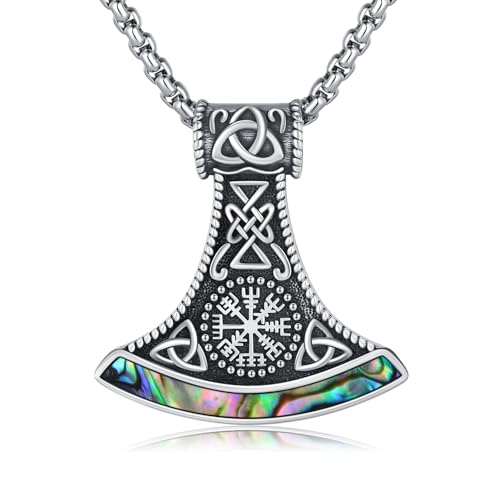 YueYuan Wikinger Axt Halskette 925 Sterling Silber Abalone Muschel Vegvisir Anhänger Nordisches Amulett Halskette Wikinger Schmuck für Herren Männer von YueYuan