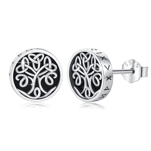 YueYuan Wikinger Ohrringe für Herren Damen 925 Sterling Silber Lebensbaum Ohrringe Schwarze Onyx Ohrstecker Wikinger Runen Schmuck Geschenk von YueYuan