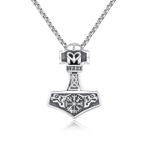 YueYuan Wikinger Thors Hammer Halskette 925 Sterling Silber Mjölnir Anhänger Thors Hammer Kette Wikinger Schmuck für Herren Väter Ehemänner Söhne von YueYuan
