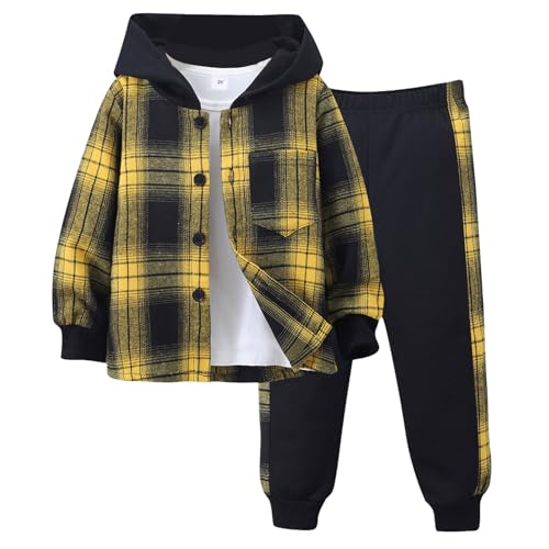 Anzug Kinder Jogginganzug 2-teilig Baumwolle Plaid Drucken Trainingsanzug Sportanzug Sweatshirt Jungen Mädchen Tracksuit Unisex Jogging Anzug Set Kapuzenpullover und Sweathose(1-Yellow, 4-5 Years) von YueYue