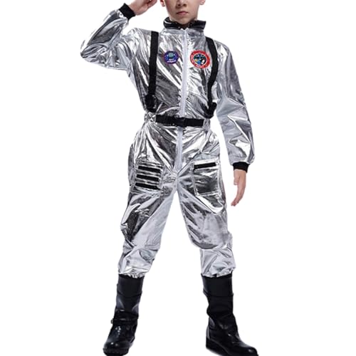 Astronaut Kostüm Kinder Jumpsuit Overall Weltraum Karneval Kostüm Space Junge Mädchen Astronauten Silver Cosplay Kostüm Verkleidung Metallic Faschingskostüme Astronautenanzug für Kinder Raumanzug(XL) von YueYue