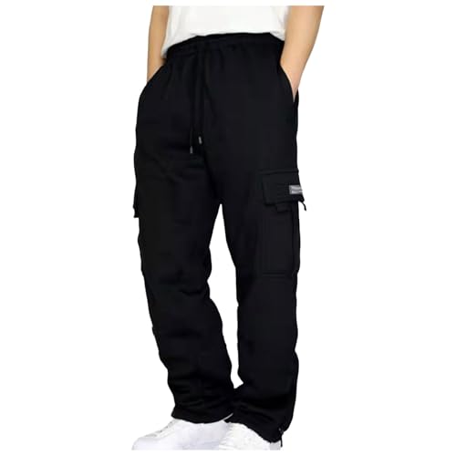 Baggy Jogginghose Herren Breite Jogging Hose Weites Bein Elastische Taille Sweatpants Lang Sporthose Sweat Pants Men Winter Warme Männer Sweathose Cargohose Mit Taschen und Kordelzug(2-Black, M) von YueYue