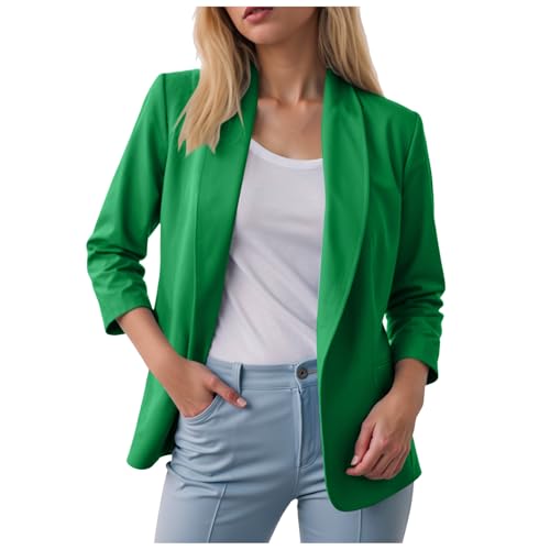 Blazer Damen Elegant Langarm Business Longblazer Slim Fit Revers Blazers Sakko Casual Arbeit Büro Blazer Damen Sportlich Einfarbig Open Front Knopf Herbst Outfit 2025(A-Green, M) von YueYue