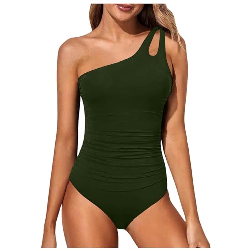 Damen Badeanzug One Shoulder Rückenfrei Swimsuit Geraffte Bauchkontrolle Asymmetrische Einteilige Bademode Push up Schwimmanzug Bauchweg Sommer Swimsuit Strand Pool(1-Green, XL) von YueYue