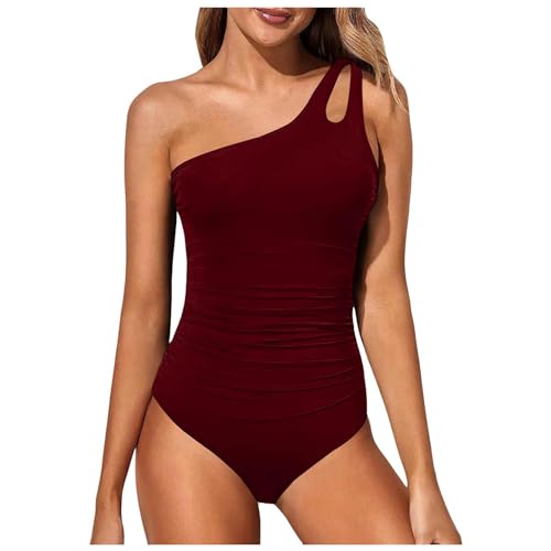 Damen Badeanzug One Shoulder Rückenfrei Swimsuit Geraffte Bauchkontrolle Asymmetrische Einteilige Bademode Push up Schwimmanzug Bauchweg Sommer Swimsuit Strand Pool(1-Red, M) von YueYue