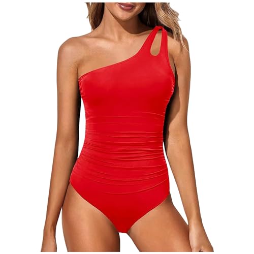 Damen Badeanzug One Shoulder Rückenfrei Swimsuit Geraffte Bauchkontrolle Asymmetrische Einteilige Bademode Push up Schwimmanzug Bauchweg Sommer Swimsuit Strand Pool(3-Red, L) von YueYue