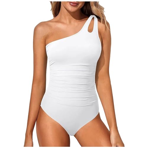 Damen Badeanzug One Shoulder Rückenfrei Swimsuit Geraffte Bauchkontrolle Asymmetrische Einteilige Bademode Push up Schwimmanzug Bauchweg Sommer Swimsuit Strand Pool(3-White, L) von YueYue