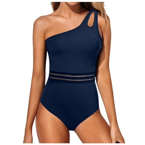 Damen Badeanzug One Shoulder Rückenfrei Swimsuit Geraffte Bauchkontrolle Asymmetrische Einteilige Bademode Push up Schwimmanzug Bauchweg Sommer Swimsuit Strand Pool(4-Navy, XXL) von YueYue