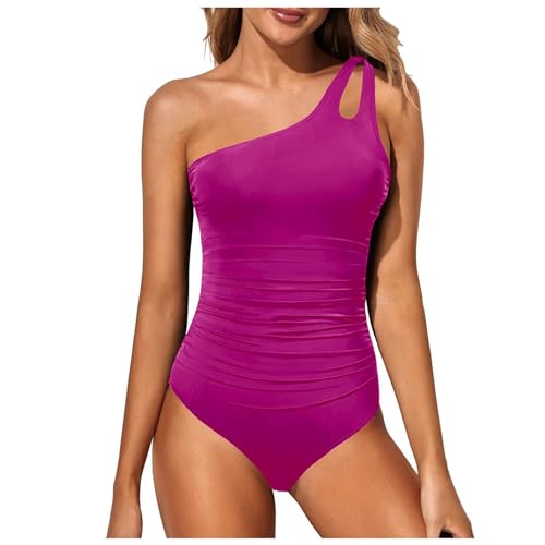 Damen Badeanzug One Shoulder Rückenfrei Swimsuit Geraffte Bauchkontrolle Asymmetrische Einteilige Bademode Push up Schwimmanzug Bauchweg Sommer Swimsuit Strand Pool(A-Hot Pink, XXL) von YueYue