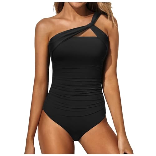 Damen Badeanzug One Shoulder Rückenfrei Swimsuit Geraffte Bauchkontrolle Asymmetrische Einteilige Bademode Push up Schwimmanzug Bauchweg Sommer Swimsuit Strand Pool(B-Black, M) von YueYue