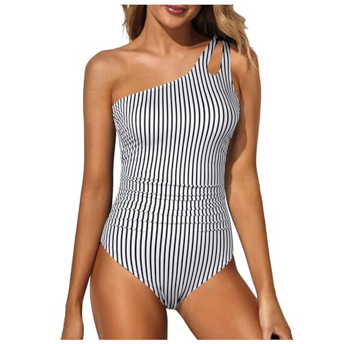 Damen Badeanzug One Shoulder Rückenfrei Swimsuit Geraffte Bauchkontrolle Asymmetrische Einteilige Bademode Push up Schwimmanzug Bauchweg Sommer Swimsuit Strand Pool(B-Grey, XL) von YueYue