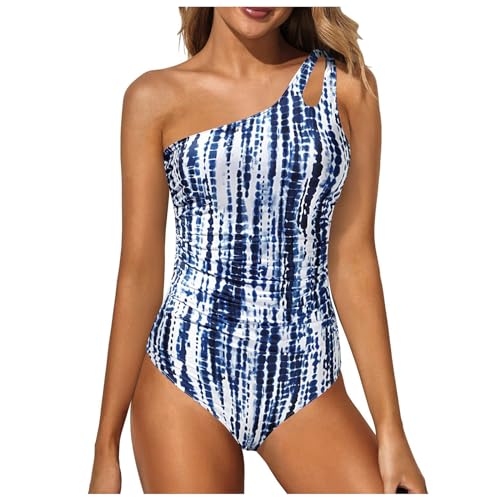 Damen Badeanzug One Shoulder Rückenfrei Swimsuit Geraffte Bauchkontrolle Asymmetrische Einteilige Bademode Push up Schwimmanzug Bauchweg Sommer Swimsuit Strand Pool(B-Navy, M) von YueYue