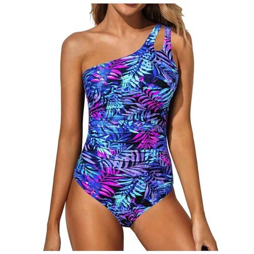 Damen Badeanzug One Shoulder Rückenfrei Swimsuit Geraffte Bauchkontrolle Asymmetrische Einteilige Bademode Push up Schwimmanzug Bauchweg Sommer Swimsuit Strand Pool(B-Purple, M) von YueYue