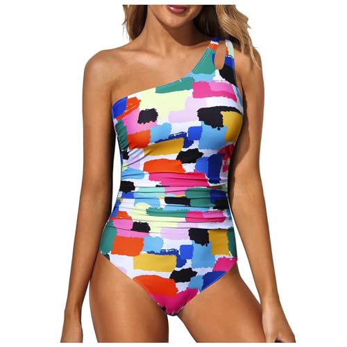 Damen Badeanzug One Shoulder Rückenfrei Swimsuit Geraffte Bauchkontrolle Asymmetrische Einteilige Bademode Push up Schwimmanzug Bauchweg Sommer Swimsuit Strand Pool(B-Red, XXL) von YueYue