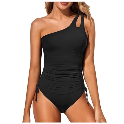 Damen Badeanzug One Shoulder Rückenfrei Swimsuit Geraffte Bauchkontrolle Asymmetrische Einteilige Bademode Push up Schwimmanzug Bauchweg Sommer Swimsuit Strand Pool(E-Black, XXL) von YueYue