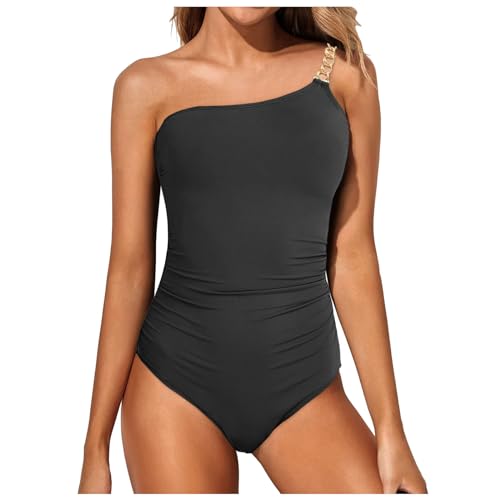 Damen Badeanzug One Shoulder Rückenfrei Swimsuit Geraffte Bauchkontrolle Asymmetrische Einteilige Bademode Push up Schwimmanzug Bauchweg Sommer Swimsuit Strand Pool(E-Gold, L) von YueYue