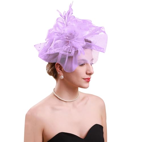 Damen Fascinator Hut Blume mit Weiß Schleier Federn Blumen Mesh Stirnband Clip Perlen Kopfschmuck Pillbox Hüte für Tea Party Kirche Cocktail Fasching Karneval Kopfbedeckung (Purple, One Size) von YueYue