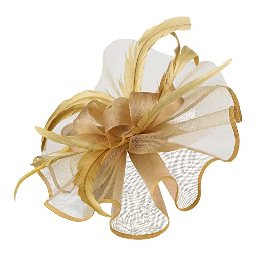 Damen Fascinator Hut Blume mit golden Schleier Federn Blumen Retro Fascinatoren Hut Elegant Blumen Mesh Stirnband Clip Kopfschmuck für Party Hochzeit Abschlussball Cocktail Karneval (Gold, One Size) von YueYue