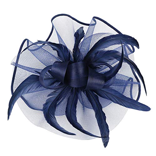 Damen Fascinator Hut Vintage Schleier Hüte 1920er Hochzeitshut Hochzeit Braut Elegant Feder Mesh Gesichtsschleier Hut Cocktail Tea Party Kopfbedeckung Braut Kostüm Accessoires (Navy, One Size) von YueYue