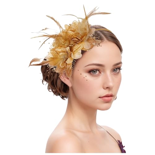 Damen Fascinators Blume Mit Perle Feder Fascinators Hut Bänder Federn Auf Einem Stirnband Blume Mesh Organza Hochzeit Cocktail Tea Party Hut Kopfbedeckung Für Damen Mädchen von YueYue