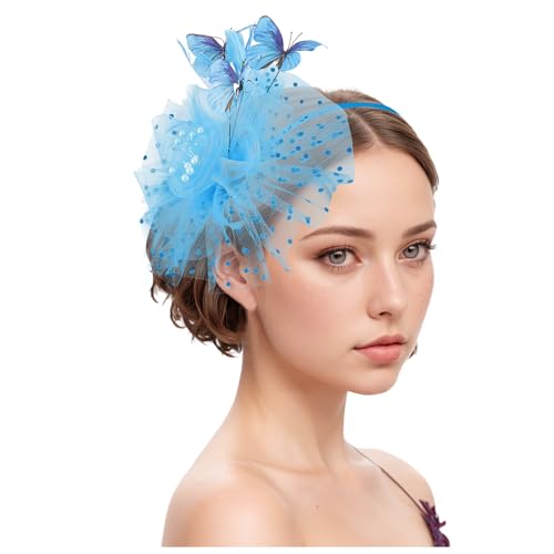 Damen Fascinators Hut Bänder Federn Auf Einem Stirnband Blume Mit Perle Feder Fascinators Hut Gittergewebe Stirnband Schwarz Cocktail Party Tea Kopfbedeckung Damen Mädchen (Sky Blue, One Size) von YueYue
