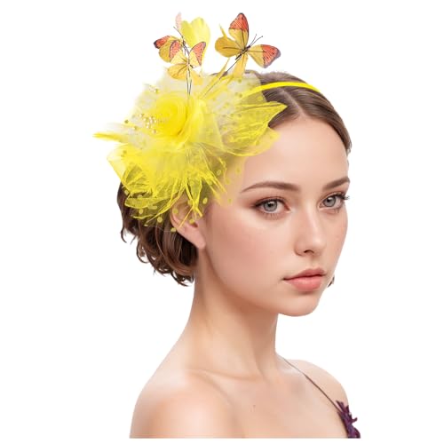 Damen Fascinators Hut Bänder Federn Auf Einem Stirnband Blume Mit Perle Feder Fascinators Hut Gittergewebe Stirnband Schwarz Cocktail Party Tea Kopfbedeckung Damen Mädchen (Yellow, One Size) von YueYue