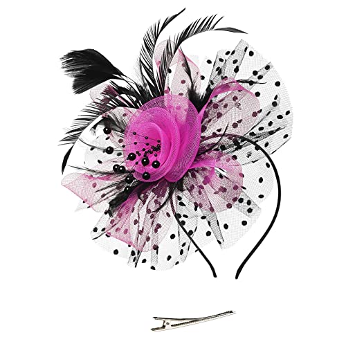 Damen Fascinators Hut Bänder Federn Auf Einem Stirnband Weiß Blume Mesh Feder Fascinator Stirnband und Einer Gegabelten Clip Cocktail Party Tea Kopfbedeckung Damen Mädchen (One Size) von YueYue