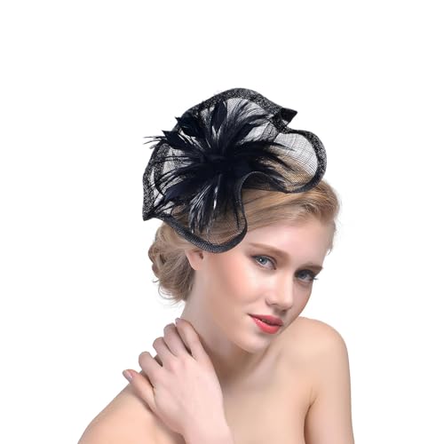 Damen Fascinators Hut Mesh Blume Mit Perle Feder Fascinators Hut 1920er Jahre Vintage Perlen Schleier Hochzeit Cocktail Tea Party Kopfbedeckung Für Damen Mädchen (One Size) von YueYue