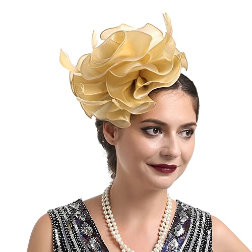 Damen Fascinators Hut Stirnband und Einer Gegabelten Clip Blume Mesh Organza Gittergewebe Stirnband Schwarz Hochzeit Cocktail Tea Party Hut Kopfbedeckung Für Damen Mädchen (Gold, One Size) von YueYue