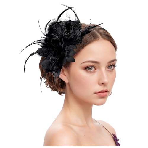 Damen Fascinators Hut Stirnband und Einer Gegabelten Clip Weiß Blume Mesh Feder Fascinator Bänder Federn Auf Einem Stirnband Cocktail Party Tea Kopfbedeckung Damen Mädchen (One Size) von YueYue