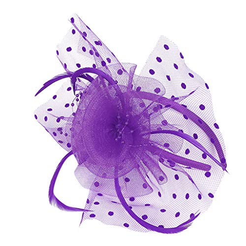 Damen Fascinators Stirnband und Einer Gegabelten Clip Weiß Blume Mesh Feder Fascinator Blume Mit Perle Feder Fascinators Hut Cocktail Party Tea Kopfbedeckung Damen Mädchen (Purple, One Size) von YueYue
