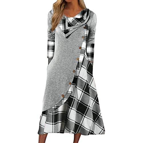 Damen Herbstkleid Pulloverkleid Casual Langarm Sweater A-Linien Midikleid Rundhals Strickkleid Winter Tunika Mit Taschen Knöpfen Freizeitkleid Jumpsuit Damen Kuschelig Tiere (a-Grey#3#5, M) von YueYue