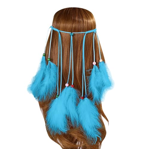 Damen Hippie Boho Haarband Haarschmuck Hippie Kostüm Indianer Stirnband Vintage Kopfschmuck Damen StirnbäNder Pfau Feder Quaste Haarschmuck Indianer Stirnband Federn Boho Haarbänder(11-Sky Blue) von YueYue