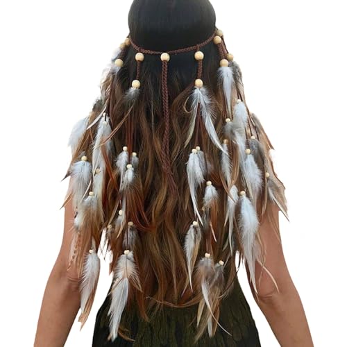 Damen Hippie Boho Haarband Haarschmuck Hippie Kostüm Indianer Stirnband Vintage Kopfschmuck Damen StirnbäNder Pfau Feder Quaste Haarschmuck Indianer Stirnband Federn Boho Haarbänder(12-White) von YueYue