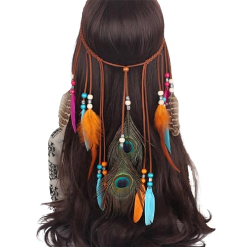 Damen Hippie Boho Haarband Haarschmuck Hippie Kostüm Indianer Stirnband Vintage Kopfschmuck Damen StirnbäNder Pfau Feder Quaste Haarschmuck Indianer Stirnband Federn Boho Haarbänder(5-Blue) von YueYue