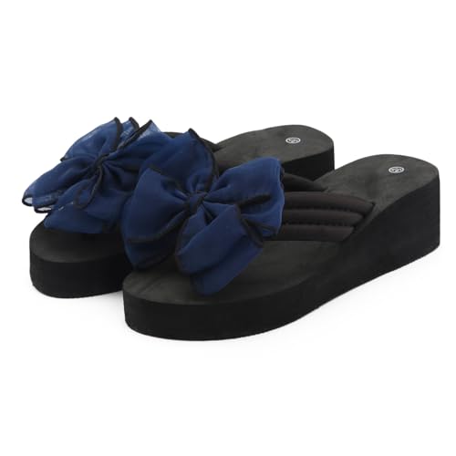 Damen Plateau Slipper mit Zehentrenner Riemen Slide Sandalen Bohemian Flip Flops Ergonomische Zehentrenner Badelatschen Badelatschen Badeschlappen Meer Pool Strand Schwimmen(A-Navy, 40) von YueYue