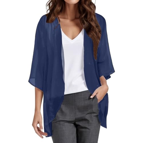Damen Sommer Chiffon Kimono Cardigan Leicht Casual 3/4 Ärmel Beachwear Bikini Cover Up Strickjacke Einfarbige Lang Sommerjacke Strand Shawl Bluse Oberteil Tops Offene Front Jacke (2-Navy, XXXL) von YueYue