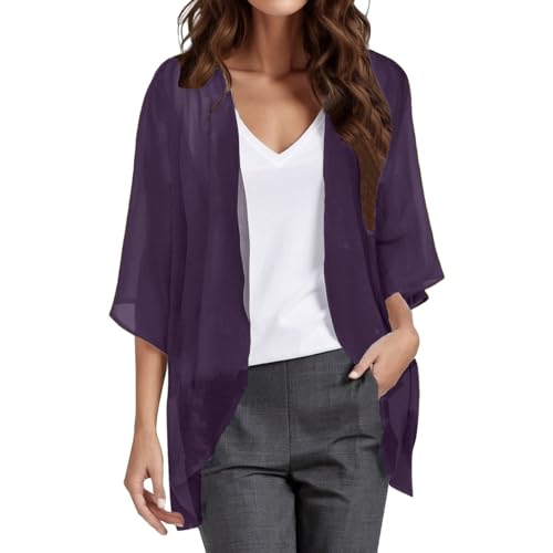 Damen Sommer Chiffon Kimono Cardigan Leicht Casual 3/4 Ärmel Beachwear Bikini Cover Up Strickjacke Einfarbige Lang Sommerjacke Strand Shawl Bluse Oberteil Tops Offene Front Jacke (2-Purple, XL) von YueYue