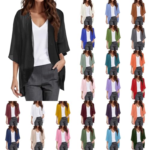 Damen Sommer Chiffon Kimono Cardigan Leicht Casual 3/4 Ärmel Beachwear Bikini Cover Up Strickjacke Einfarbige Lang Sommerjacke Strand Shawl Bluse Oberteil Tops Offene Front Jacke (5-Black, XXL) von YueYue