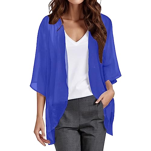 Damen Sommer Chiffon Kimono Cardigan Leicht Casual 3/4 Ärmel Beachwear Bikini Cover Up Strickjacke Einfarbige Lang Sommerjacke Strand Shawl Bluse Oberteil Tops Offene Front Jacke (5-Dark Blue, L) von YueYue