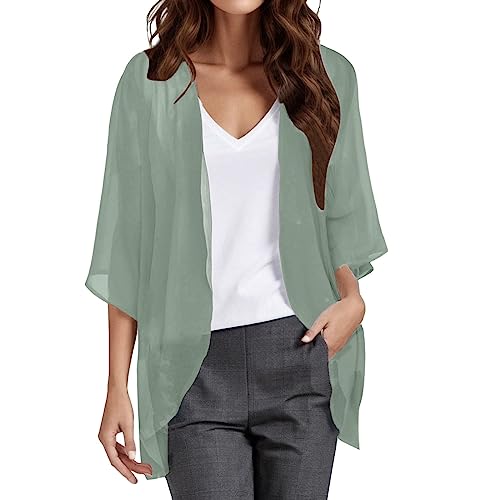 Damen Sommer Chiffon Kimono Cardigan Leicht Casual 3/4 Ärmel Beachwear Bikini Cover Up Strickjacke Einfarbige Lang Sommerjacke Strand Shawl Bluse Oberteil Tops Offene Front Jacke (5-Mint Green, M) von YueYue