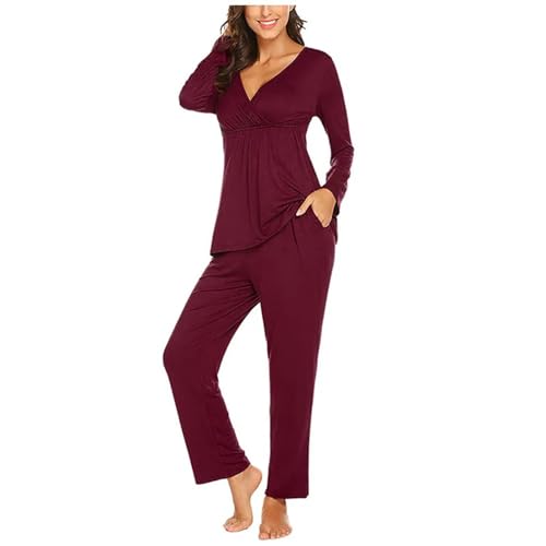 Damen Stillpyjama Lang Umstands Zweiteiliger Schlafanzug Stillschlafanzug Baumwolle Umstandspyjama Langarm Umstandsmode Winter Hausanzug für Schwangerschaft Pyjama Set Pyjama Damen Mit (Red, M) von YueYue