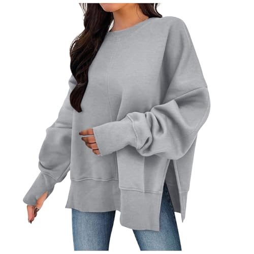 Damen Sweatshirt ohne Kapuze Pullover Basic Langarmshirt Oversize Rundhals Langarm Pulli Mit Daumenlöchern Herbst Winter Casual Oberteile Tops für Leggings Seitenschlitze Streetwear Sweatshirts von YueYue